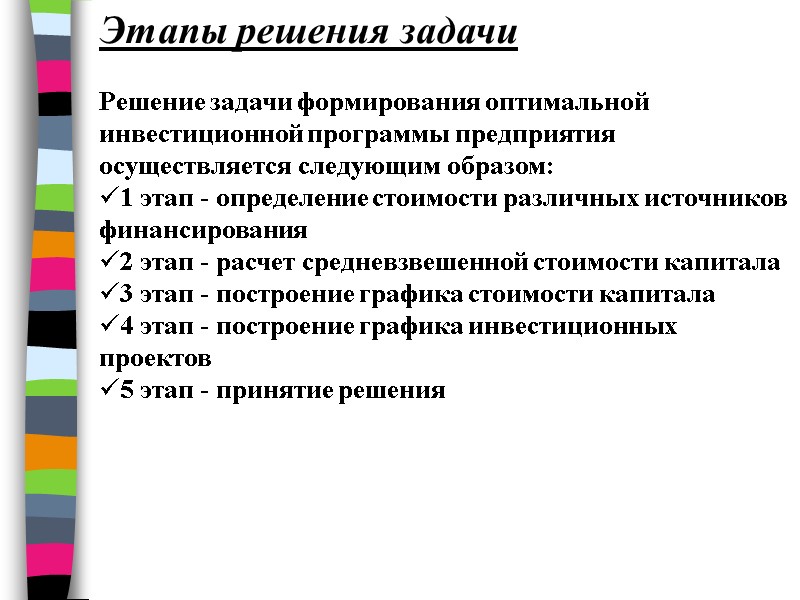 Этапы решения задачи  Решение задачи формирования оптимальной инвестиционной программы предприятия осуществляется следующим образом: